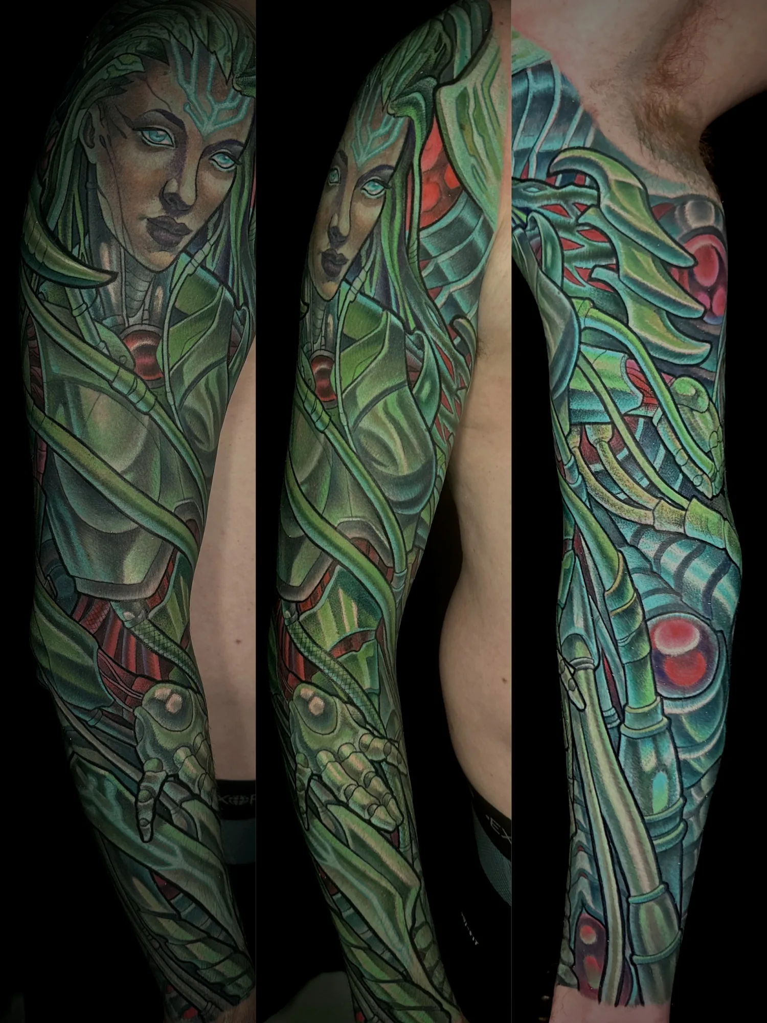 Color biomechanical full arm sleeve tattoo by Terry Ribera, San Diego