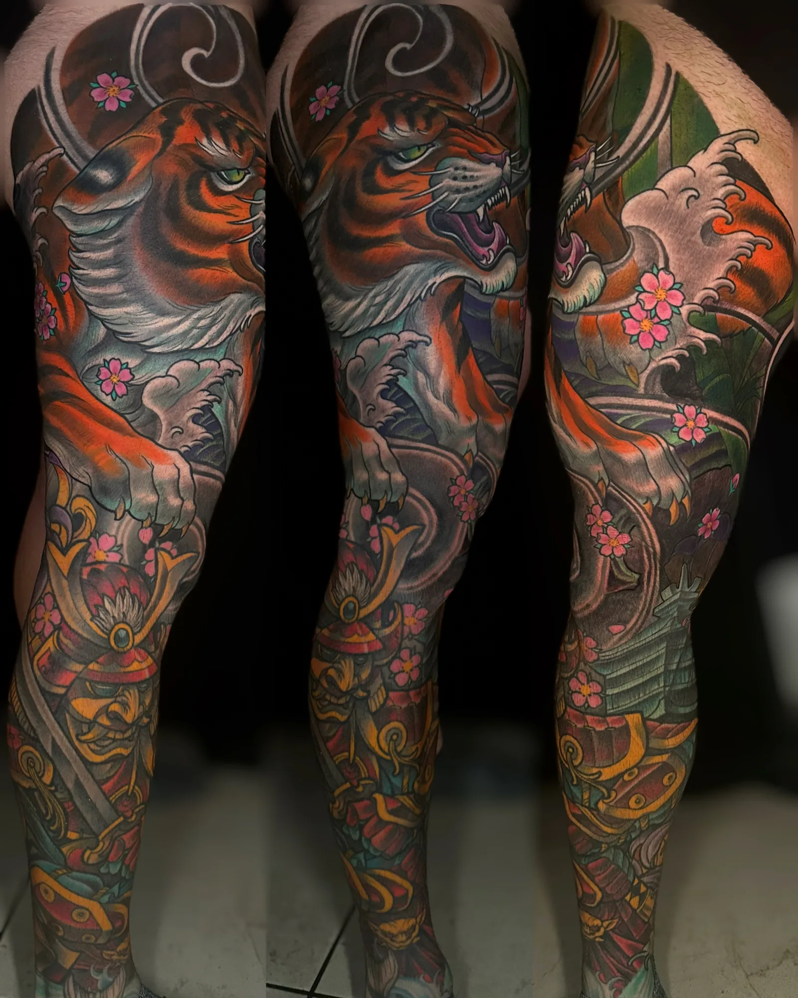 Color tiger and samurai leg sleeve tattoo by Terry Ribera, San Diego