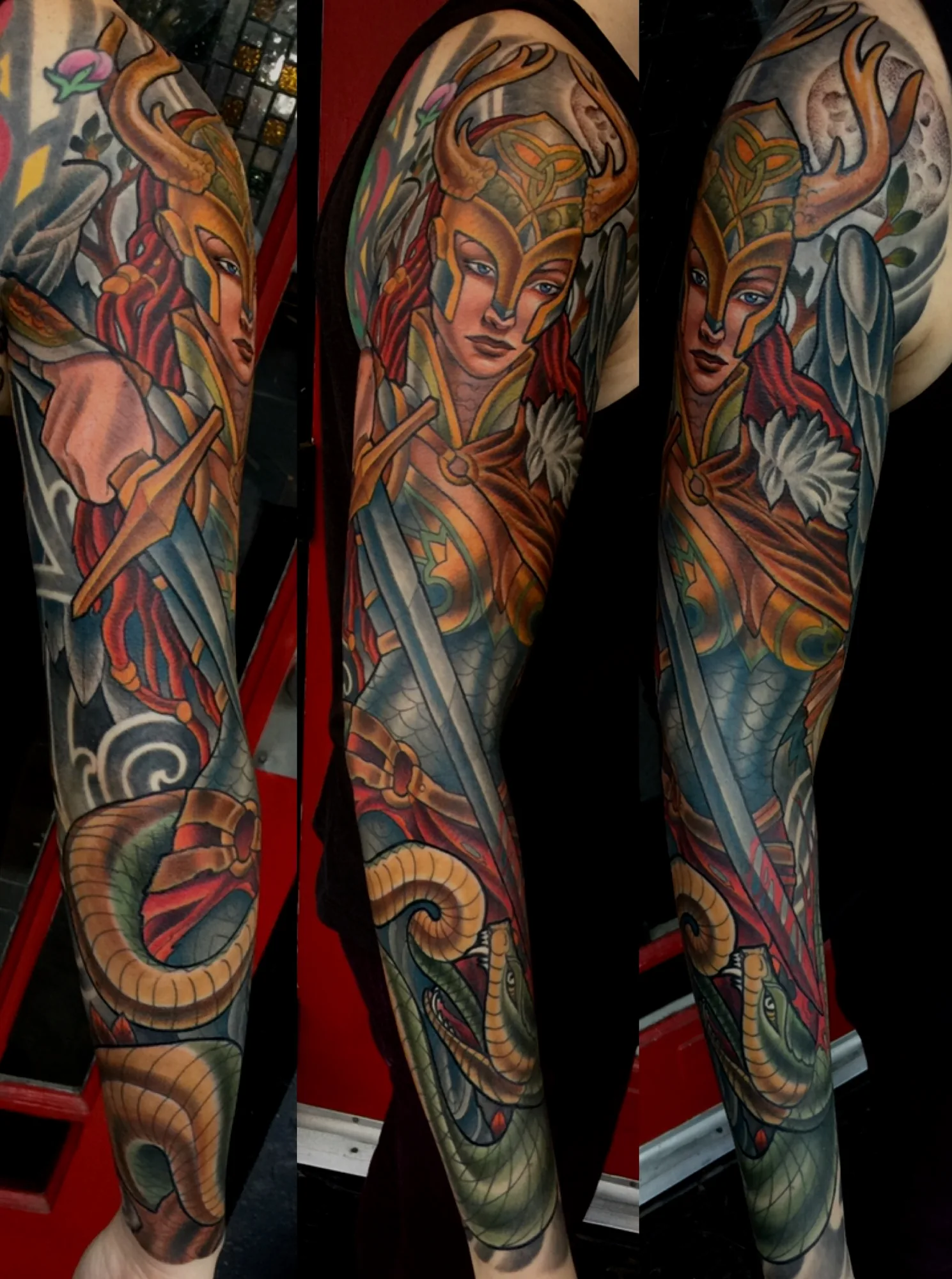 Color Valkyrie and snake arm sleeve tattoo by Terry Ribera, San Diego