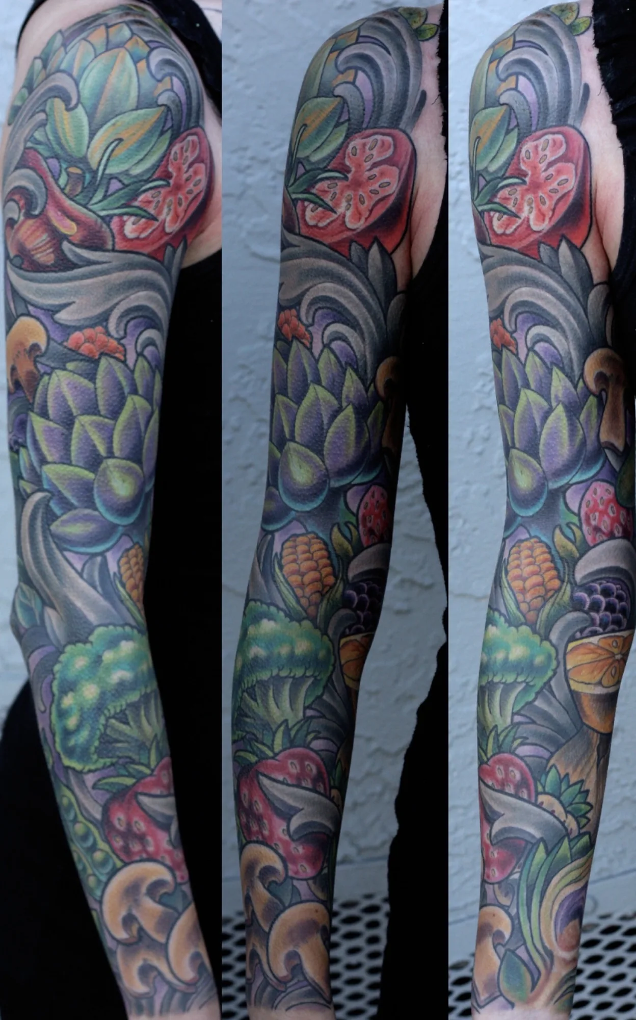 Color vegetable and fruit sleeve tattoo by Terry Ribera, San Diego