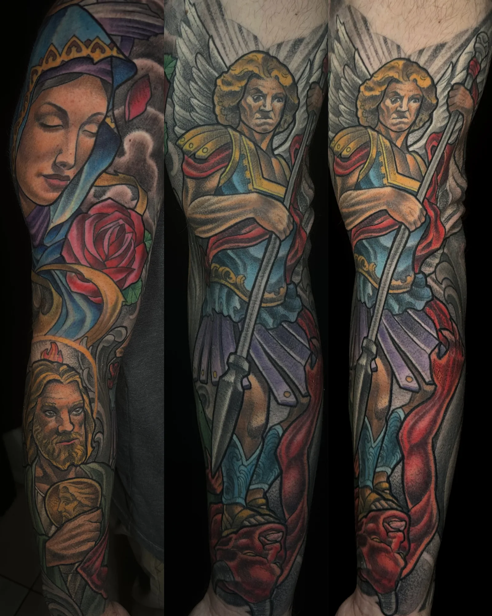 Color Virgin Mary and angel arm sleeve tattoo by Terry Ribera, San Diego