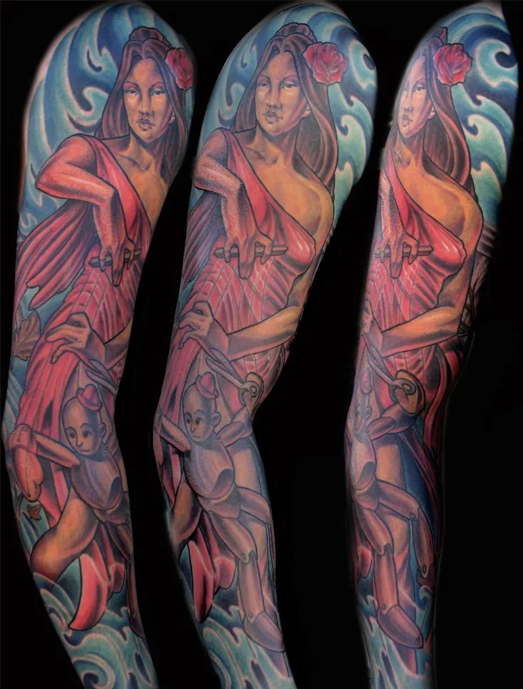 Color woman and marionette full arm sleeve tattoo by Terry Ribera, San Diego