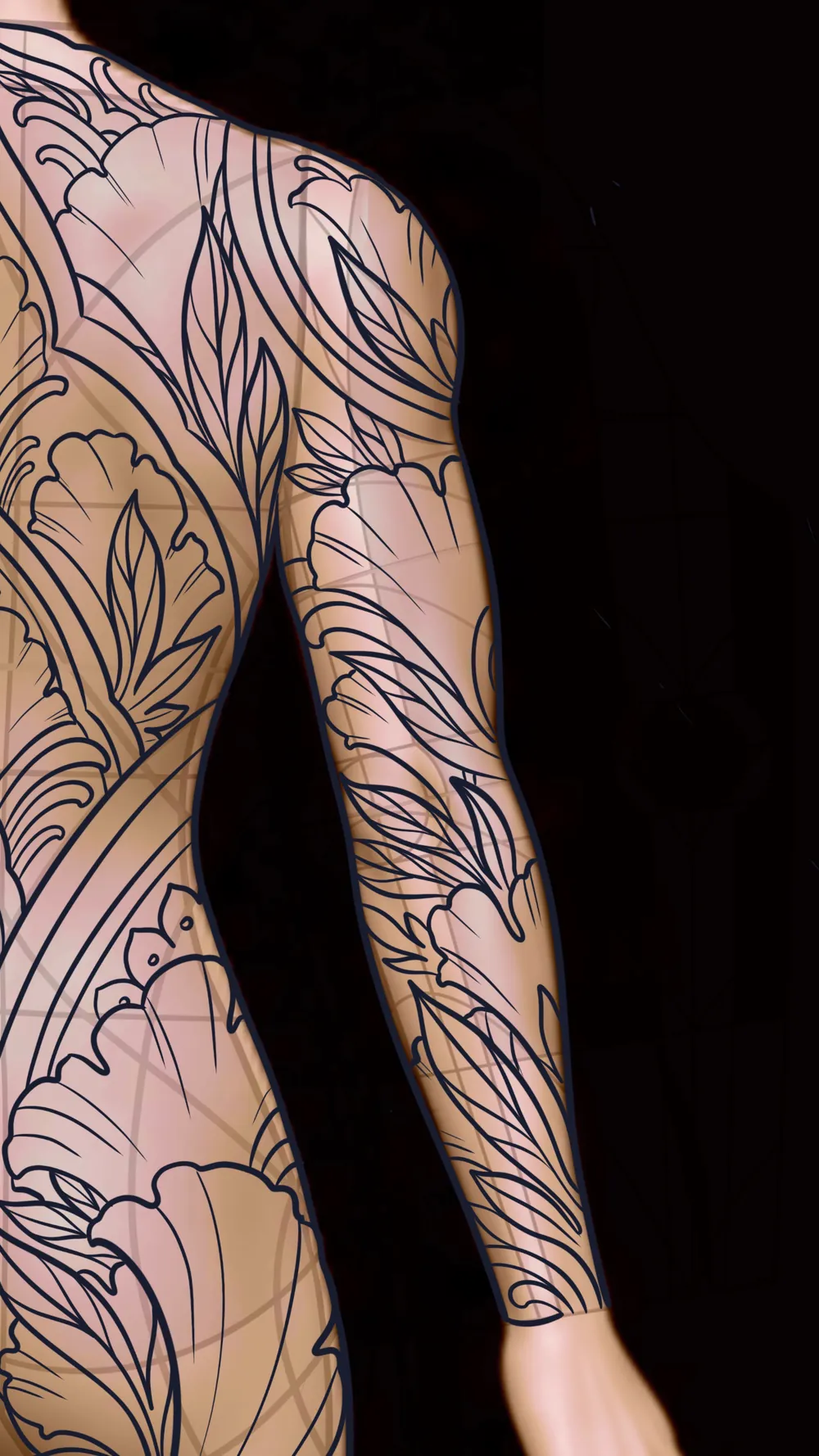 Floral art nouveau back and sleeve tattoo linework on a body, with composition guides visible underneath