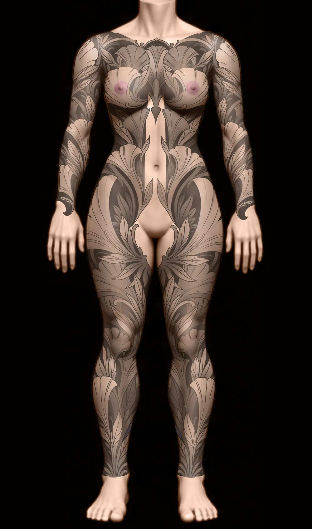 Floral art nouveau body suit tattoo design, front, in soft black and grey shading