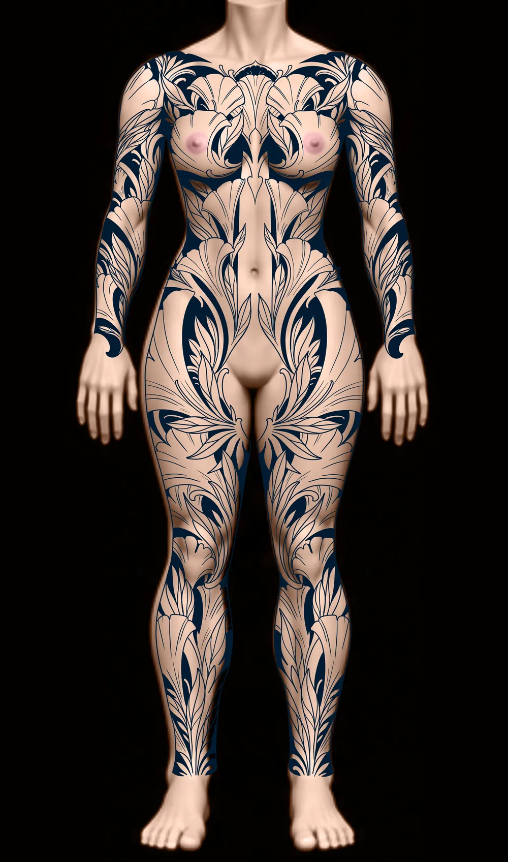 Floral art nouveau body suit tattoo design, front, as bold blackwork with heavy black shapes and open skin