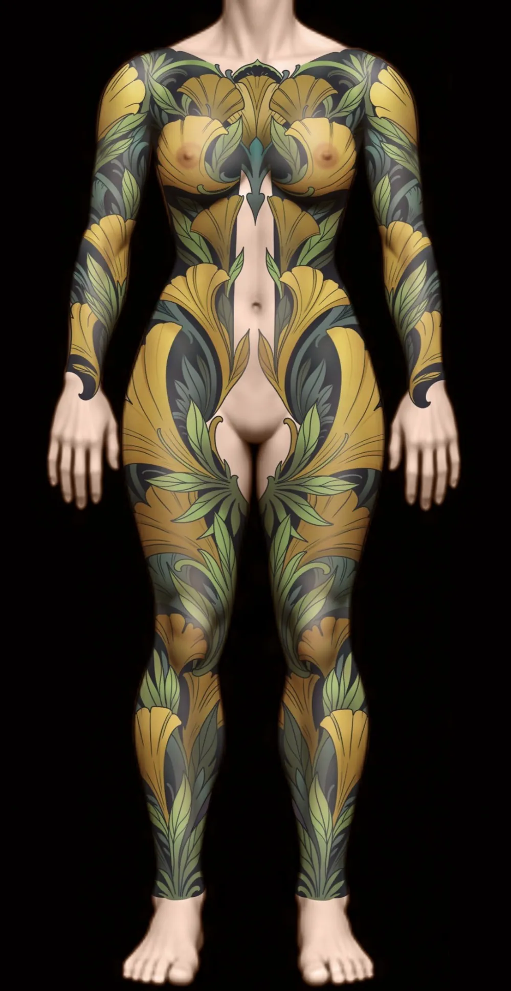 Floral art nouveau full body suit tattoo design, front, in gold and green on a dark background