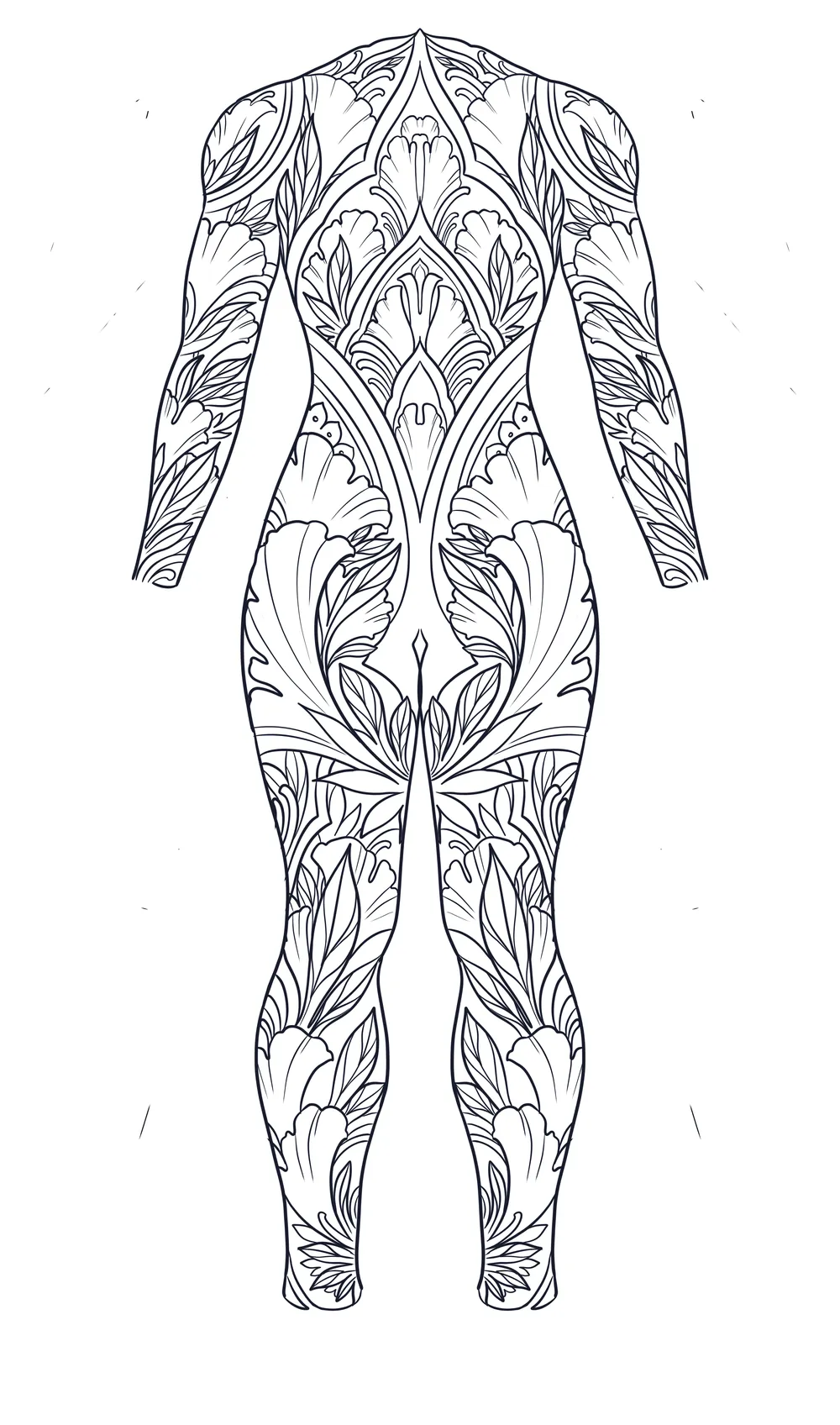 Floral art nouveau full body suit tattoo line drawing, back view, with pointed arches stacked along the spine