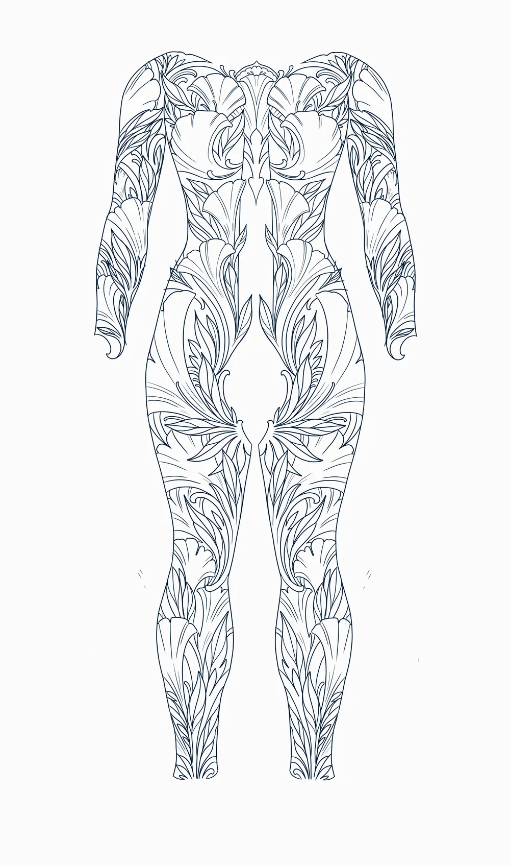 Floral art nouveau full body suit tattoo line drawing, front view, mirrored with an open skin channel down the center