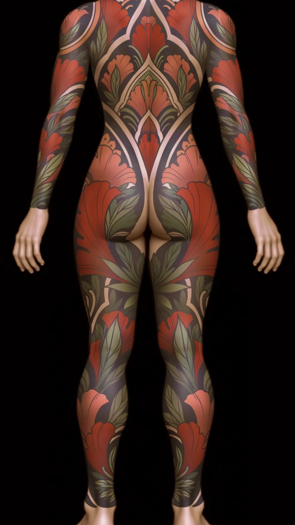 Floral art nouveau full body suit tattoo design, back view, in red and sage with cream arches along the spine, by Terry Ribera