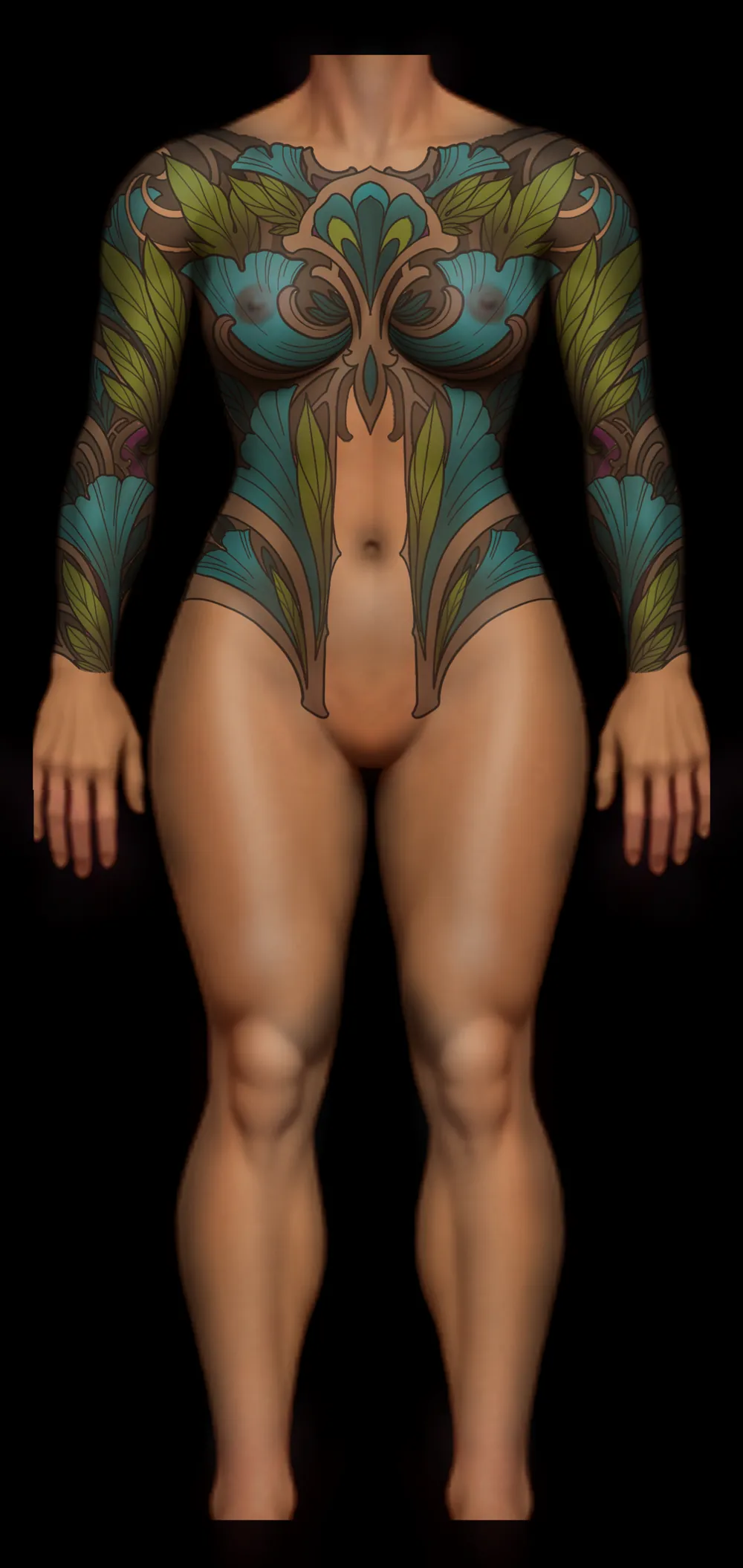 Floral art nouveau tattoo design covering chest, torso and both sleeves in teal, green and brown