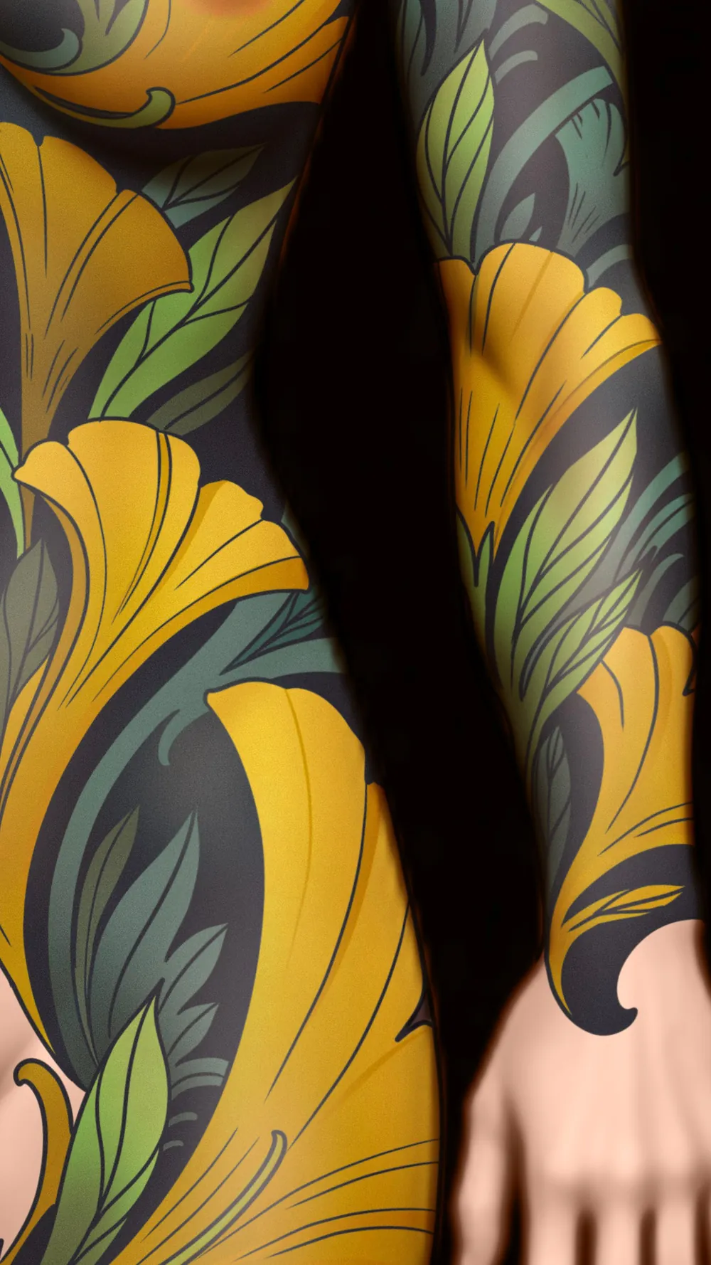 Close-up of a floral art nouveau sleeve and torso tattoo design in gold and green with dark background, by Terry Ribera