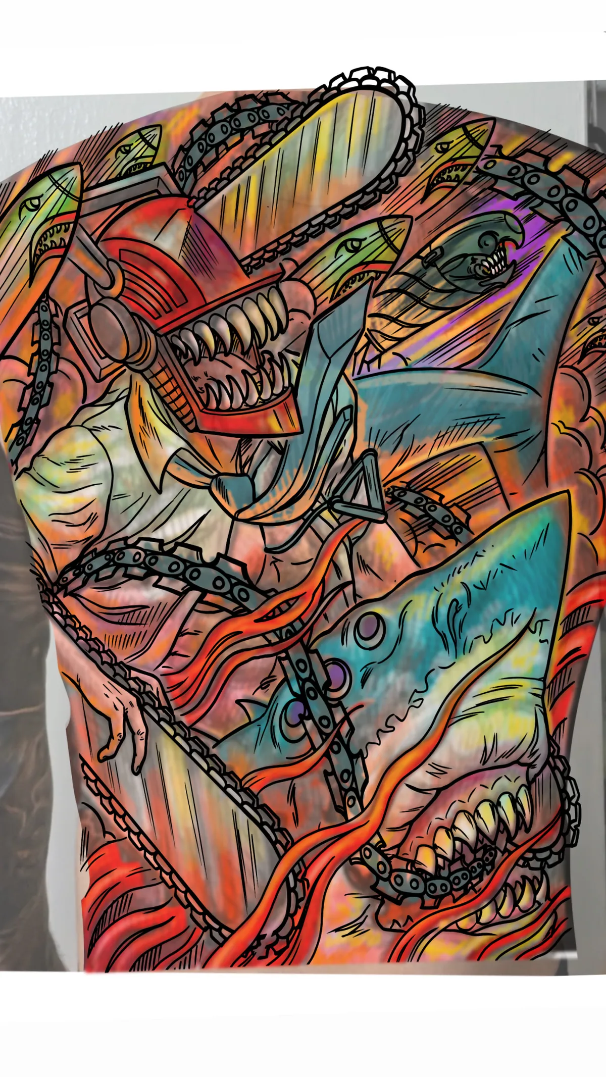 Chainsaw Man back piece tattoo design, color mockup with black linework over a full back, by Terry Ribera in San Diego