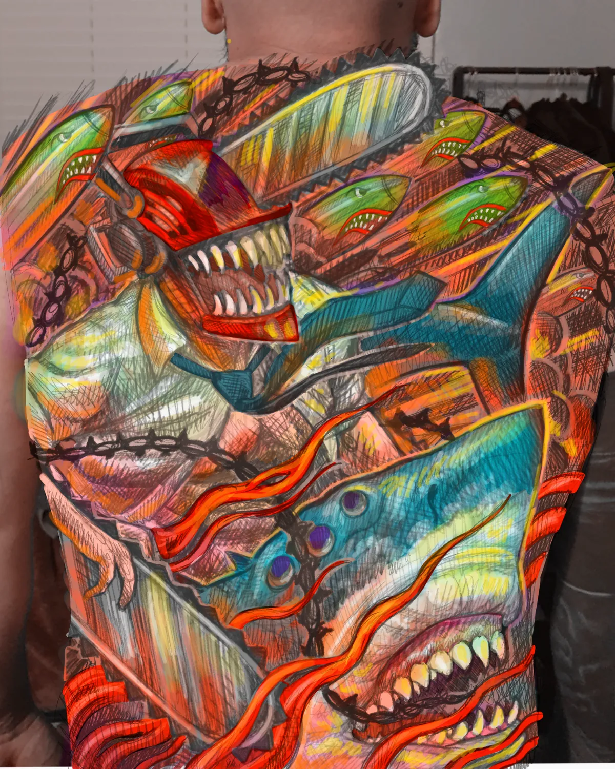 Color study for a Chainsaw Man back piece tattoo drawn over a photo of the client's back
