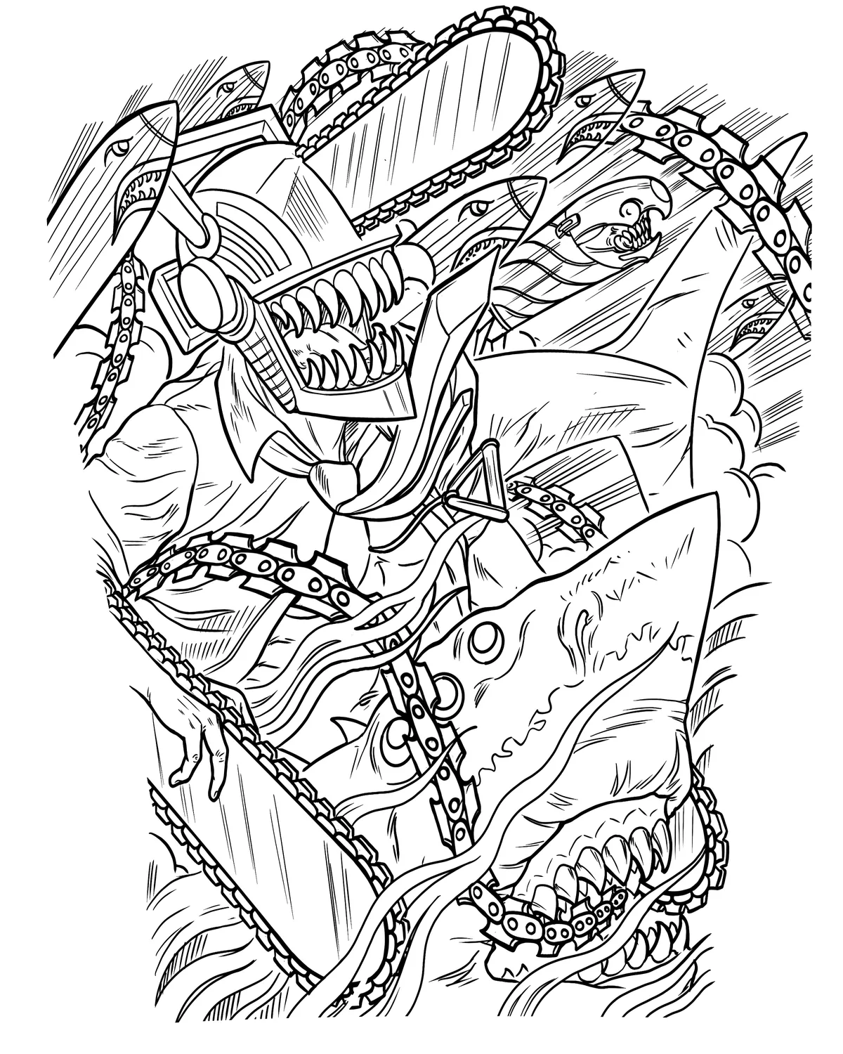 Clean black line drawing for a Chainsaw Man back piece tattoo, ready for stencil, by Terry Ribera
