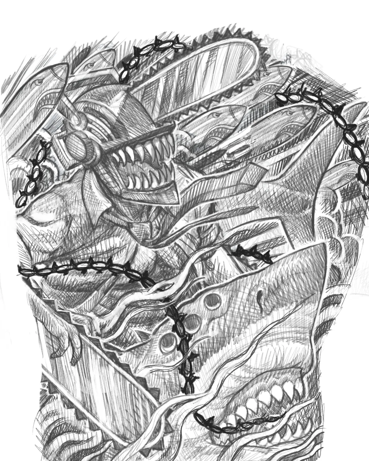 Loose pencil sketch for a Chainsaw Man back piece tattoo, blocking in the main figure, chains and diagonal movement across the back