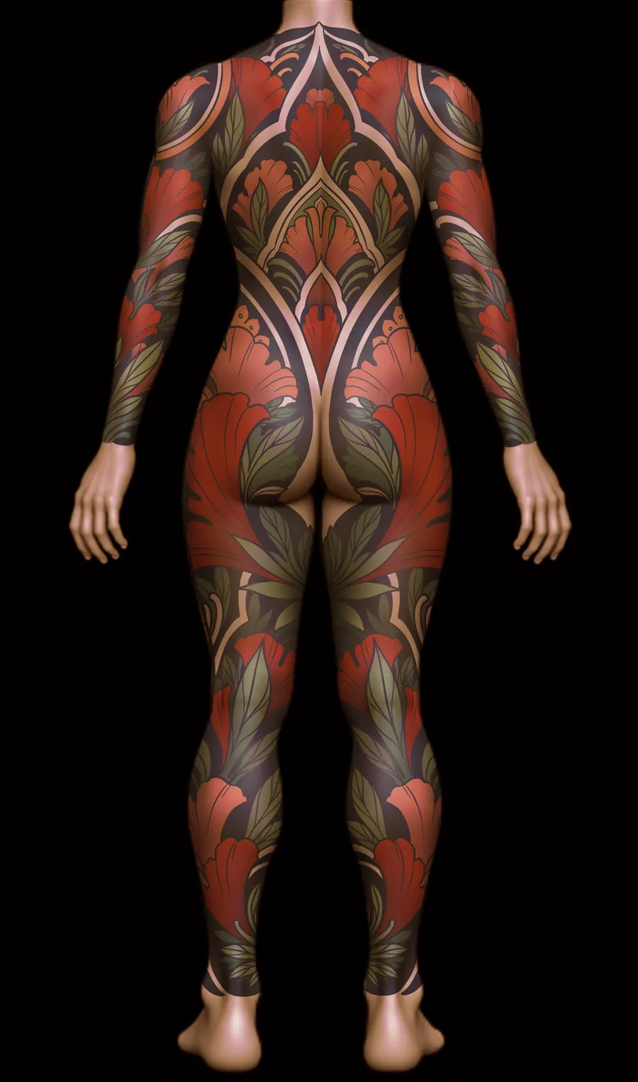 Full body suit tattoo design concept, back view, in a red and sage palette, by Terry Ribera