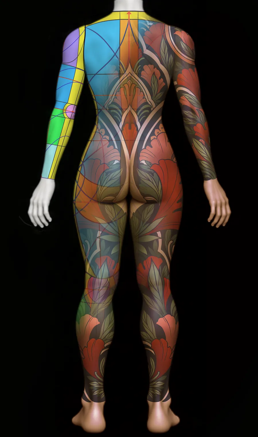 Back body suit tattoo design with the composition guide map overlaid on one side, showing how the finished color design lines up with the body regions