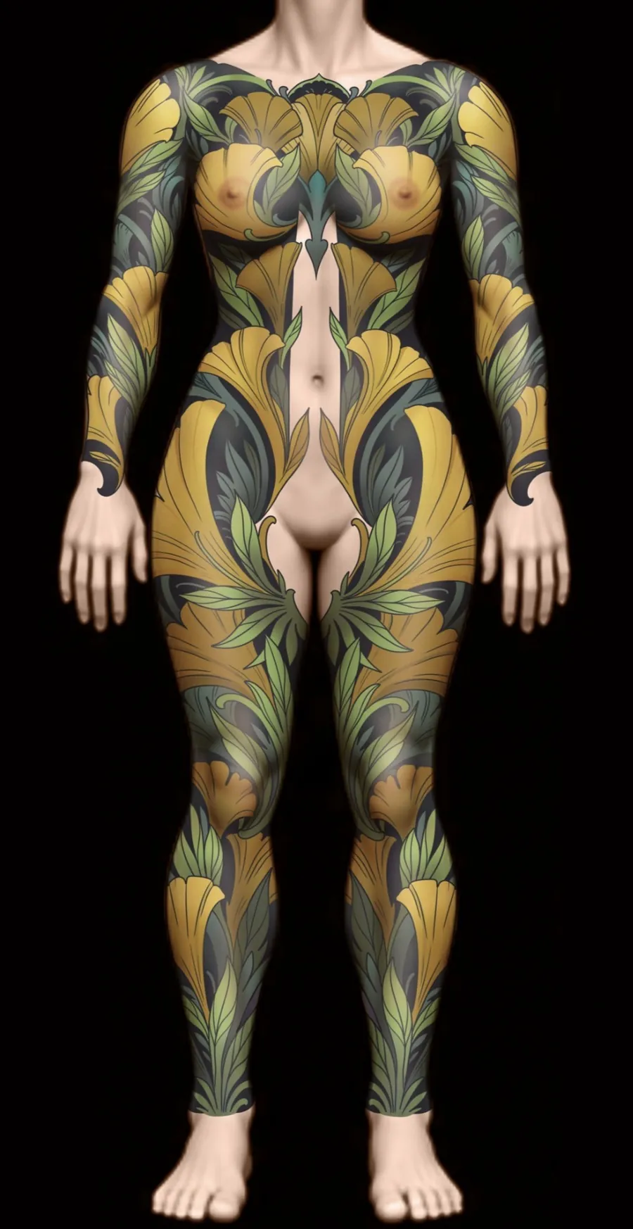 Full body suit tattoo design concept, front view, in a gold and green palette with open skin down the center, by Terry Ribera