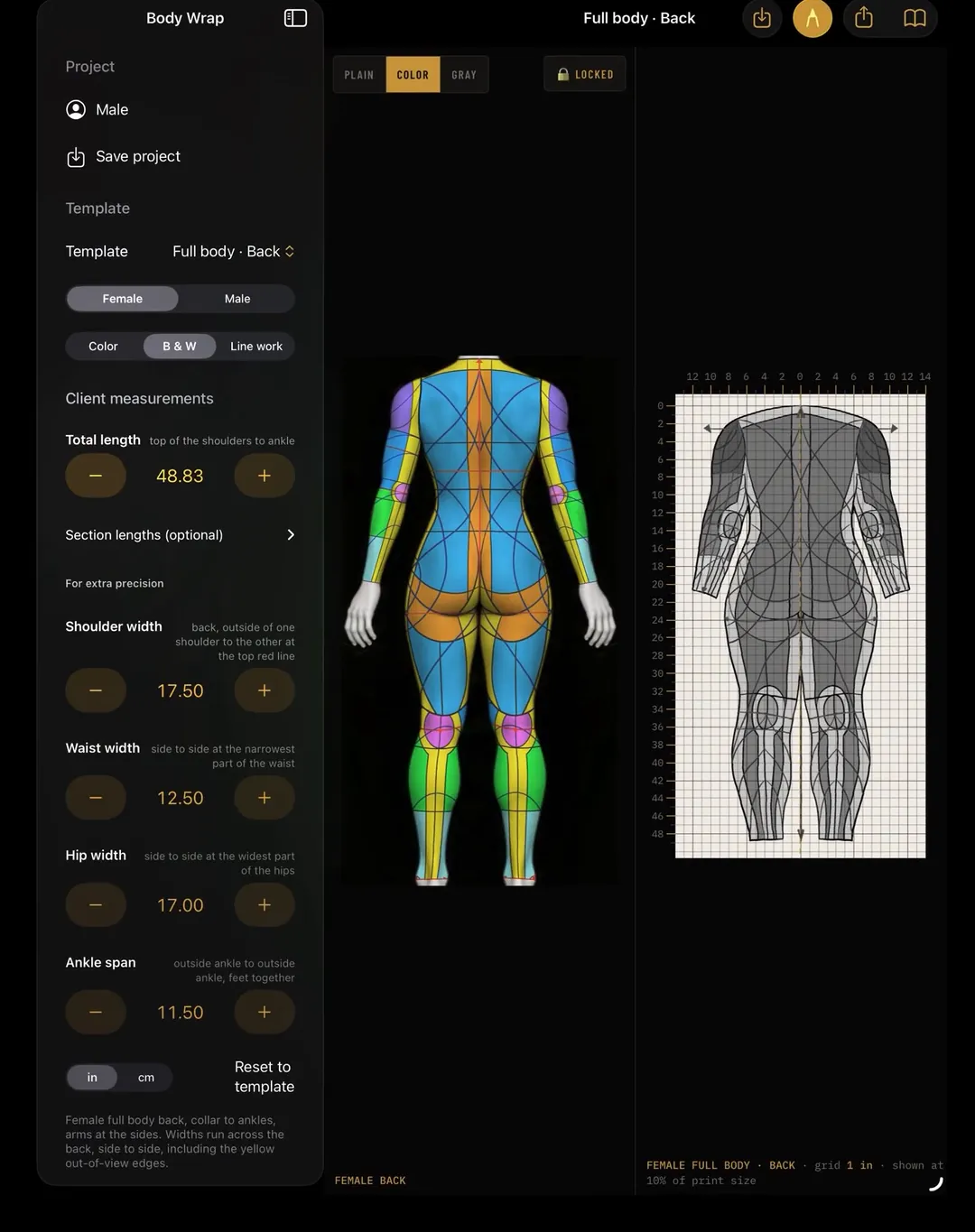Body Wrap app showing a full body back tattoo template scaled to client measurements, with a color-coded body region map and a flat printable template on a one-inch grid