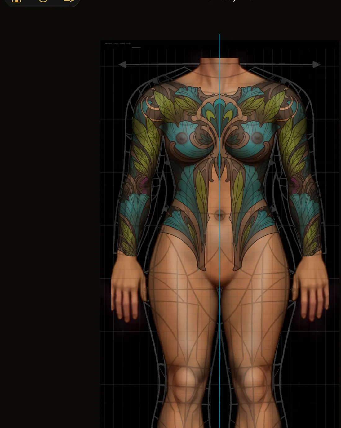 Drawing a full body front tattoo design directly on a body template on an iPad, with mirror symmetry and the center line visible