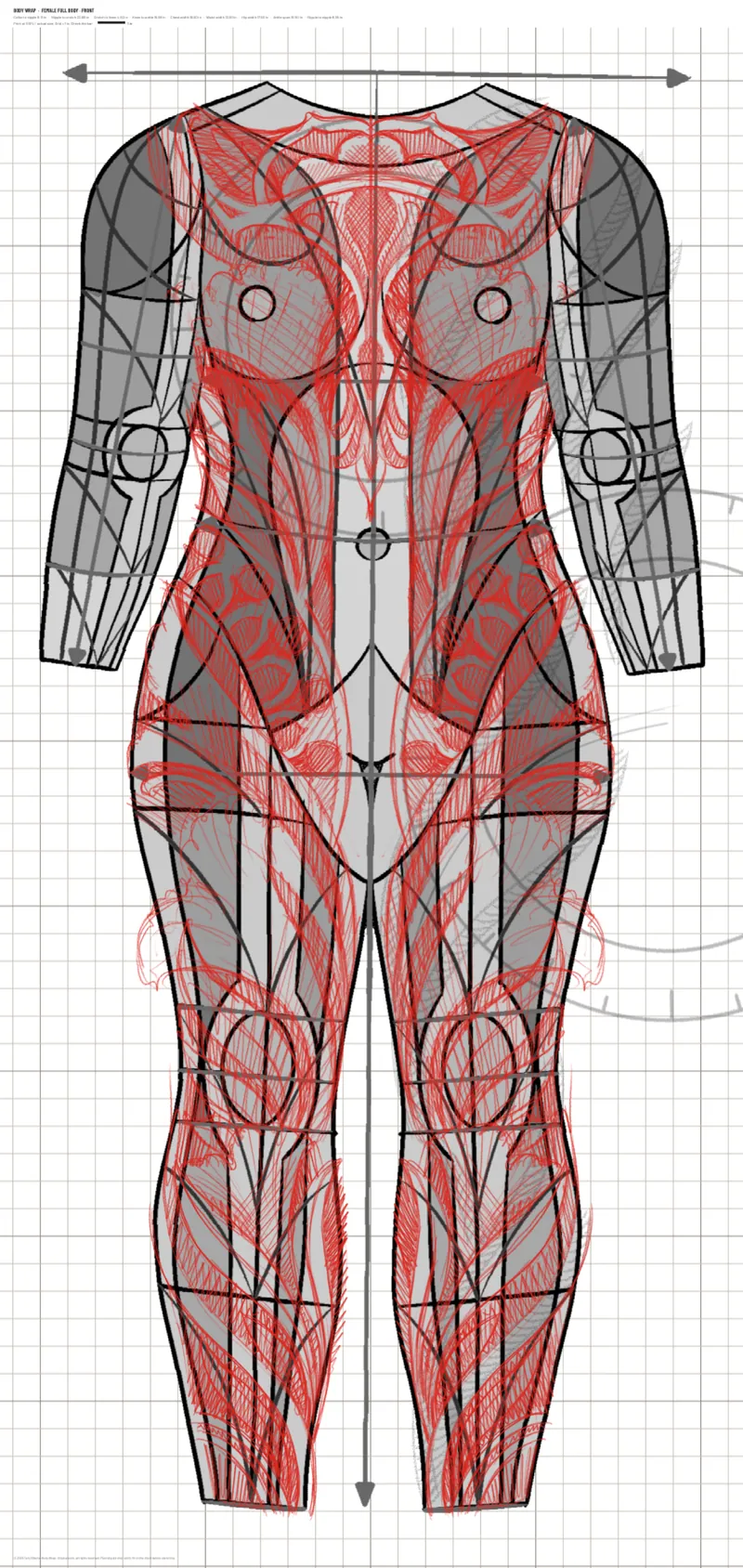 Loose red composition sketch drawn over a flat full body front tattoo template with a grid, seams and center line