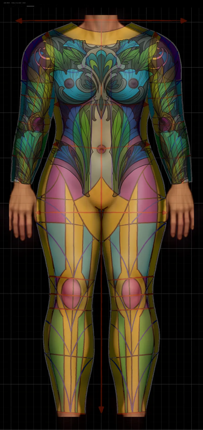 Full body front tattoo flow map with color-coded body regions, joint circles and rhythm lines overlaid on a body suit design