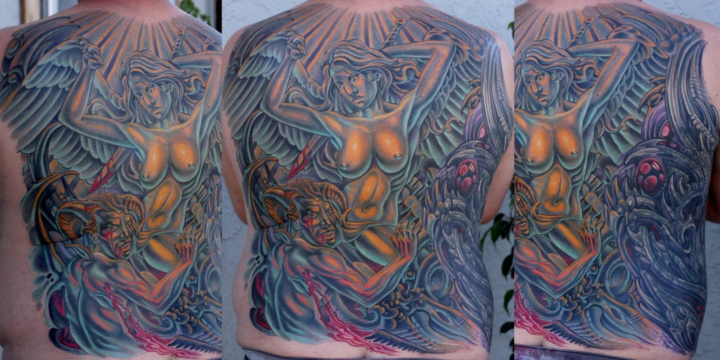 Tattoo Artist in San Diego, CA - Terry Ribera - Back Tattoo with Devil & Angel