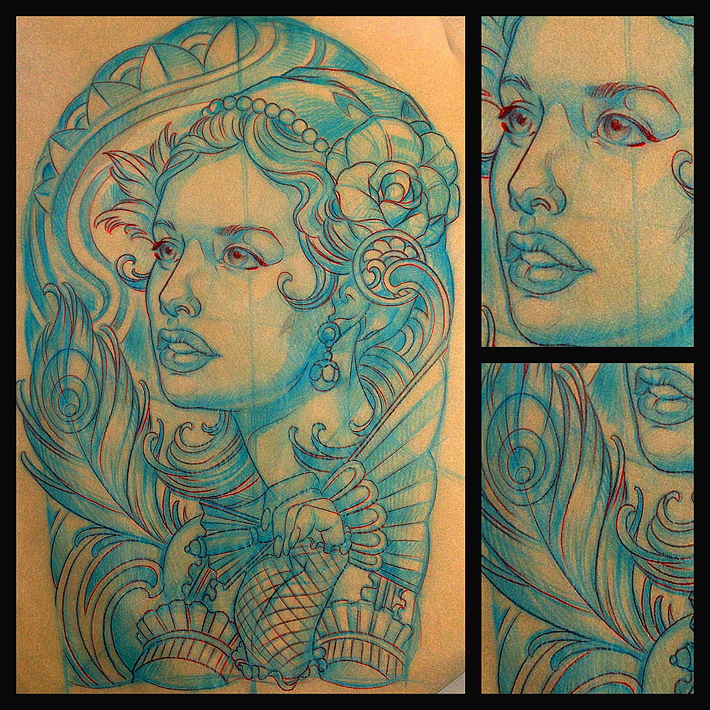 San Diego CustomTattoo Artist Terry Ribera makes an Art Nouveau Girl with Peacock Feather and Roses.